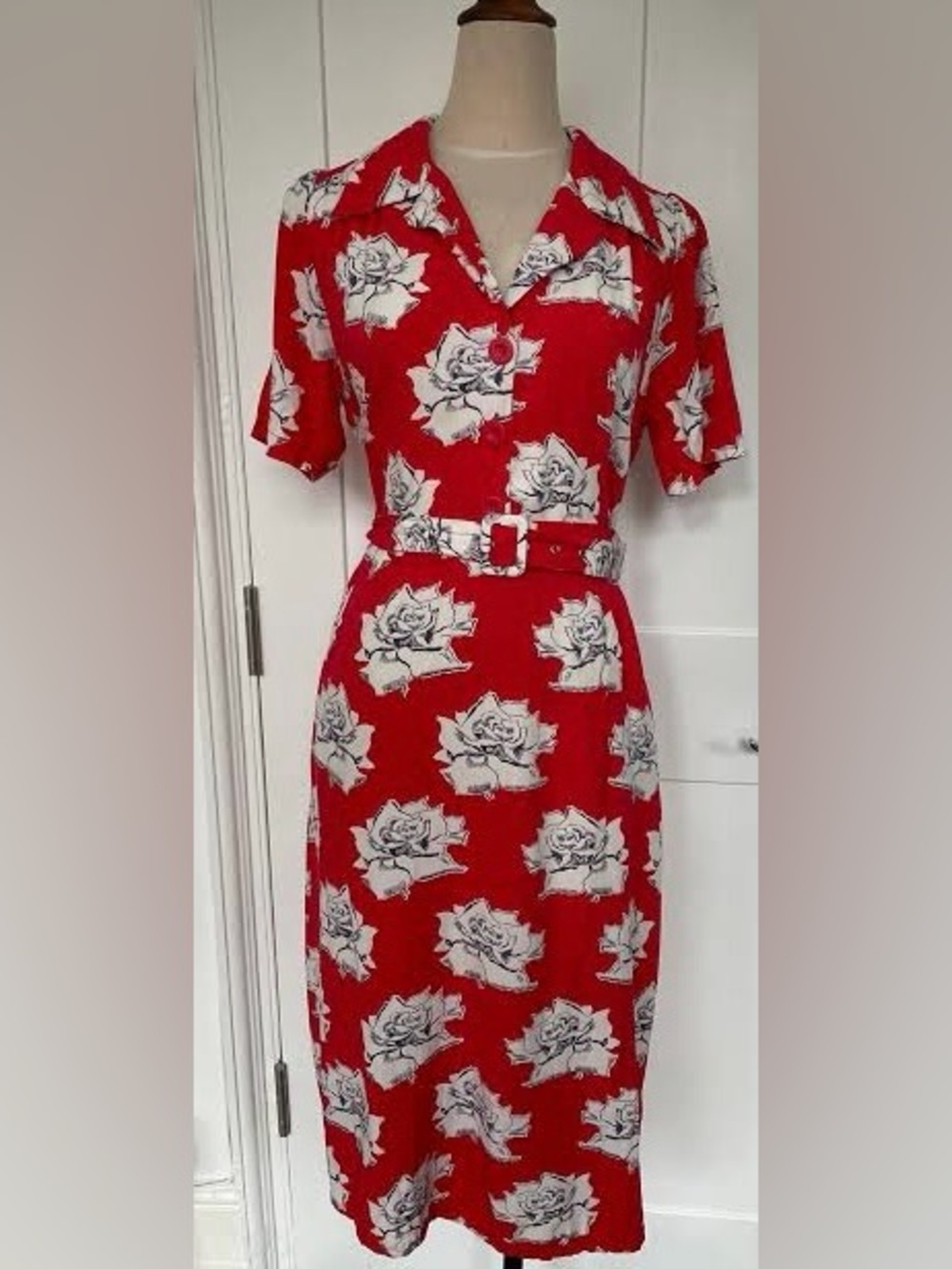 Joanie x Horrockses Red Floral Belted Midi Dress with Collared Neck 1940!
